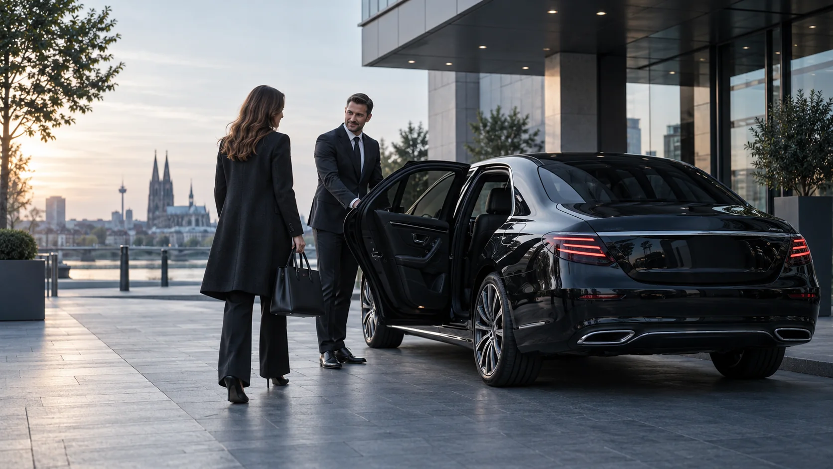 Fahrer öffnet einer Kundin die Tür einer schwarzen Limousine